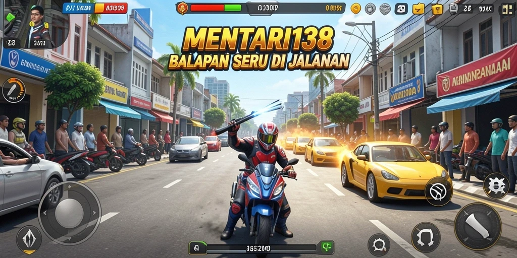 Screenshot MENTARI138 menampilkan aksi balapan mendebarkan di jalanan.