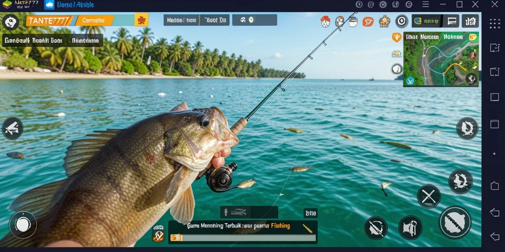 Tampilan gameplay TANTE777 dengan berbagai jenis ikan dan alat pancing.